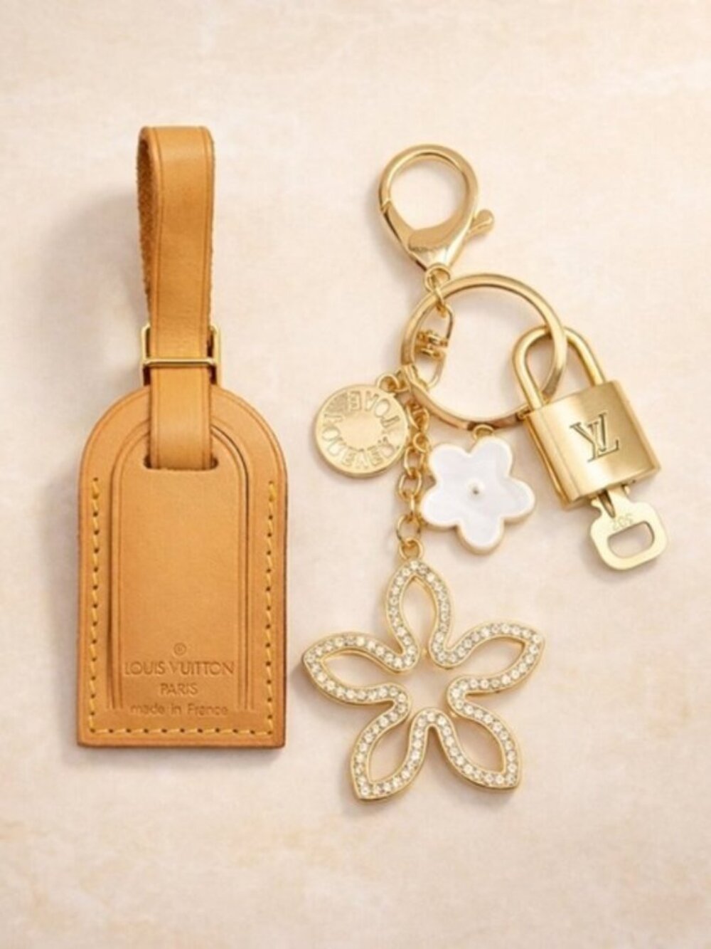 Authentic Louis Vuitton Luggage Nametag and Gold Padlock with Unbranded Keycharm